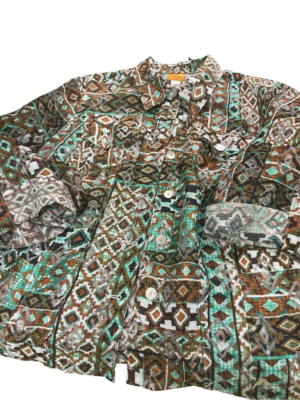 Ruby Rd. Geometric Button-Up in Teal, Brown, White jacket like new 20W